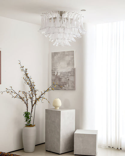 Murano Glass Leaf Ceiling Lamp | Handcrafted Italian Design | Nickel & White Cloud
