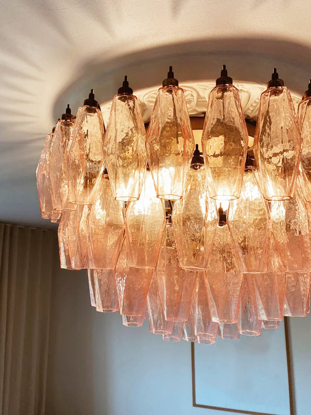 Murano Glass Ceiling Lamp | Pink Rhombus | Gold