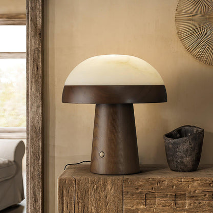 Mushroom Cloud Table Lamp | Wood & Alabaster | White Shade, Walnut & Black Options
