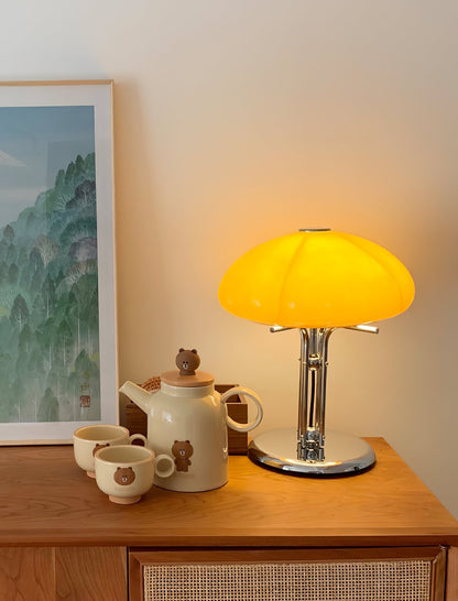 Bauhaus Table Lamp | Amber Glass Shade | Chrome Finish