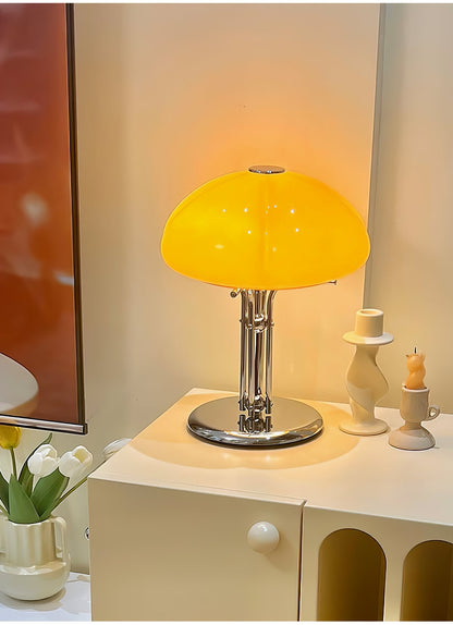 Bauhaus Table Lamp | Amber Glass Shade | Chrome Finish