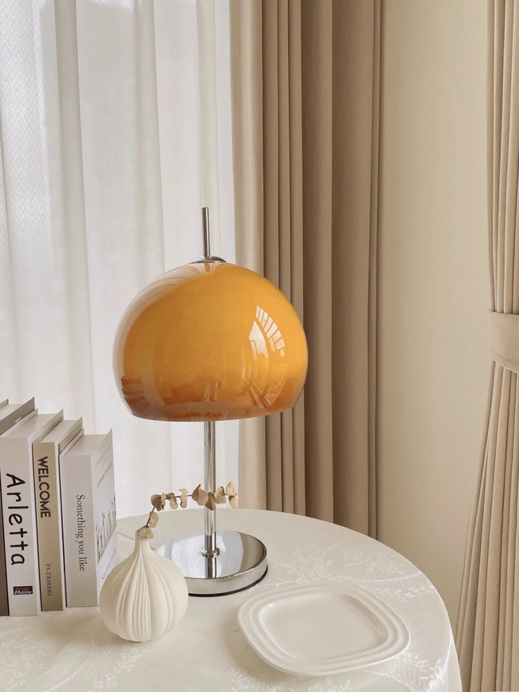 Bauhaus Table Lamp | Amber Glass Shade | Chrome Finish