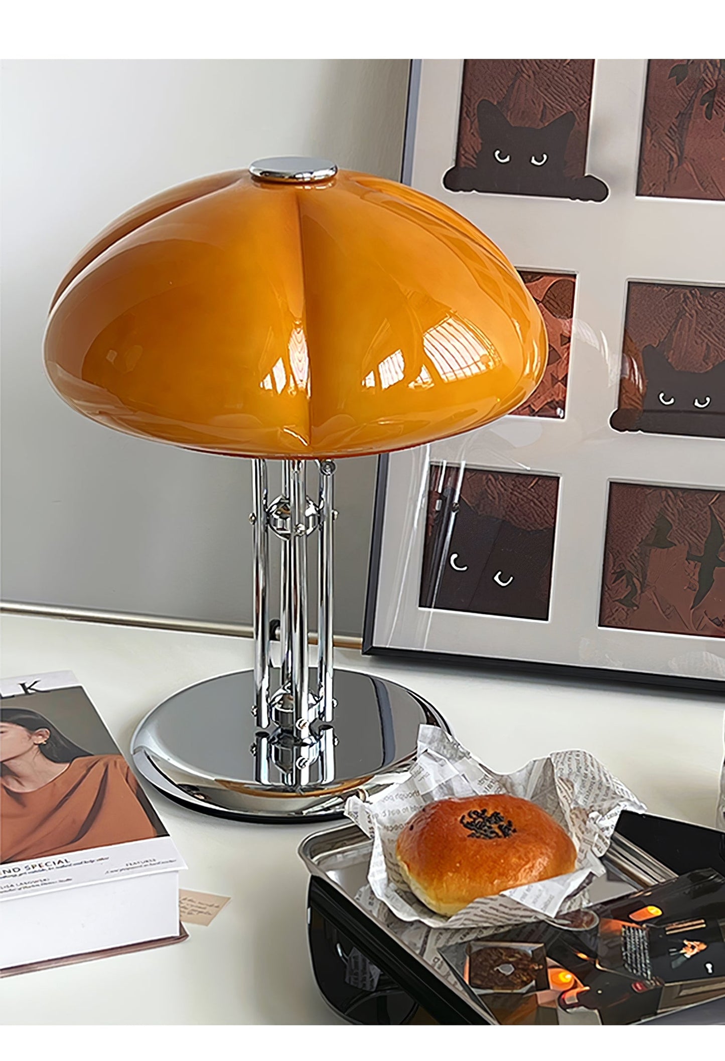 Bauhaus Table Lamp | Amber Glass Shade | Chrome Finish