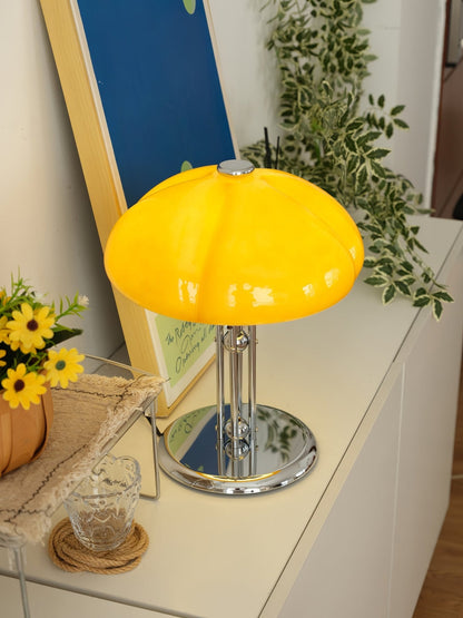 Bauhaus Table Lamp | Amber Glass Shade | Chrome Finish