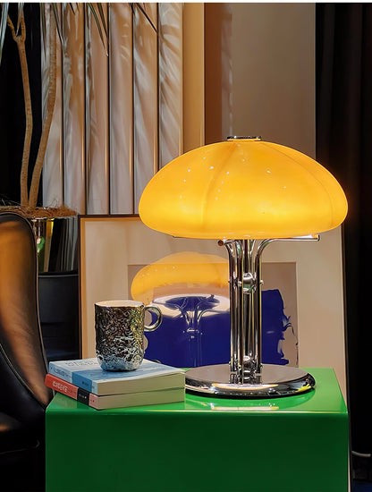 Bauhaus Table Lamp | Amber Glass Shade | Chrome Finish