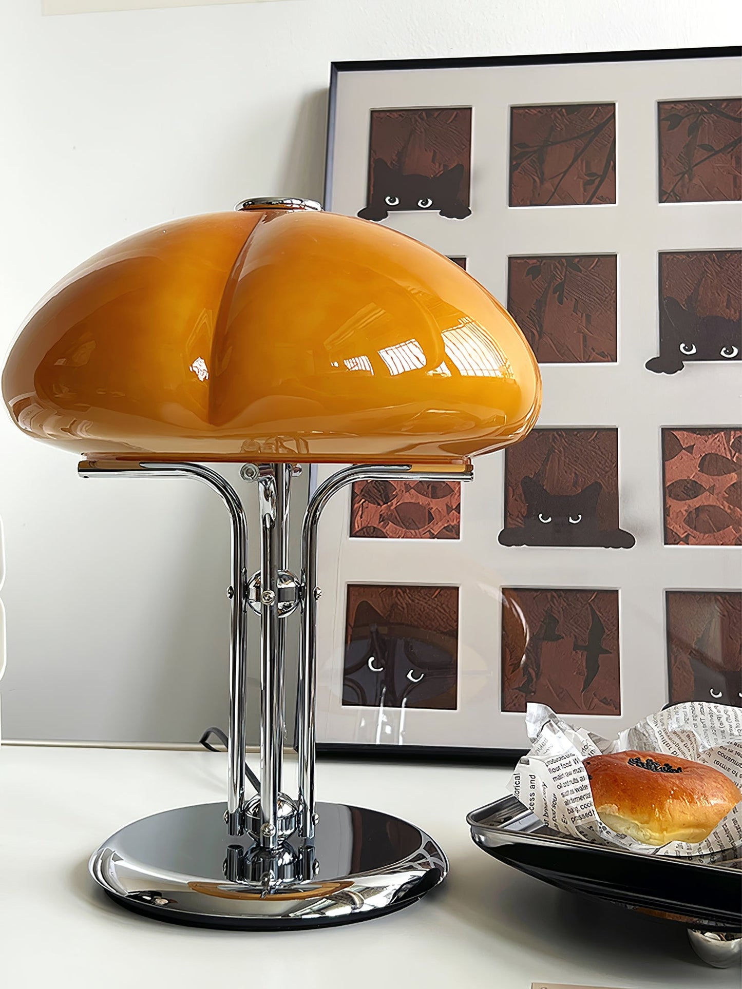 Bauhaus Table Lamp | Amber Glass Shade | Chrome Finish