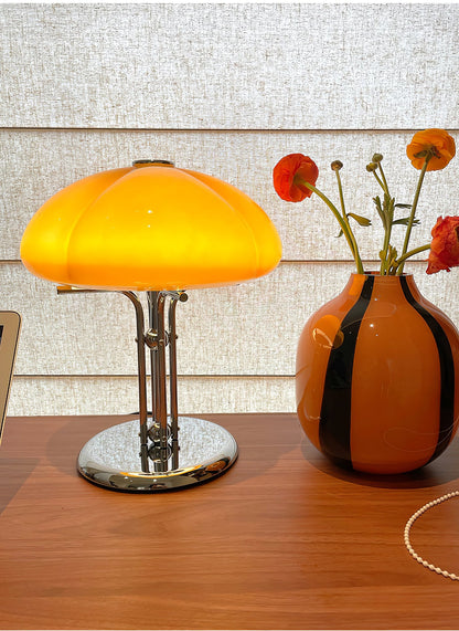 Bauhaus Table Lamp | Amber Glass Shade | Chrome Finish