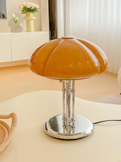Bauhaus Table Lamp | Amber Glass Shade | Chrome Finish