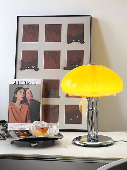 Bauhaus Table Lamp | Amber Glass Shade | Chrome Finish