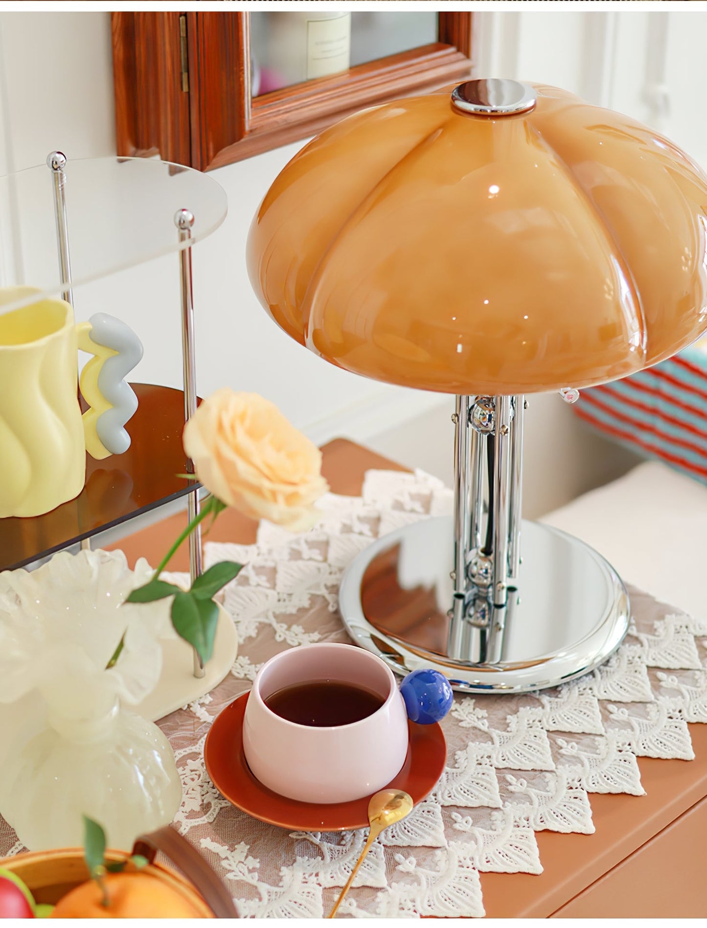 Bauhaus Table Lamp | Amber Glass Shade | Chrome Finish