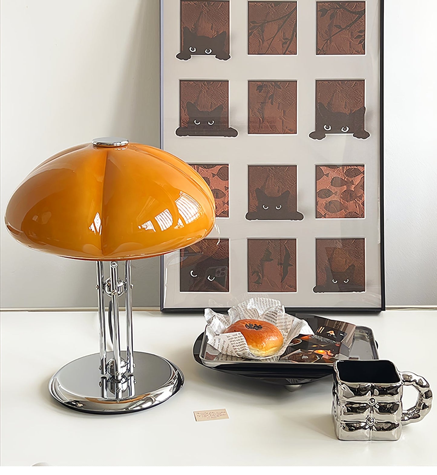 Bauhaus Table Lamp | Amber Glass Shade | Chrome Finish