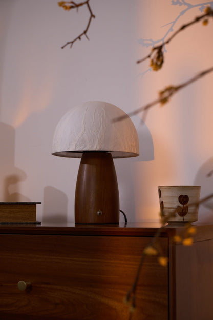 Myco Mushroom Table Lamp | Wooden Base | White Shade