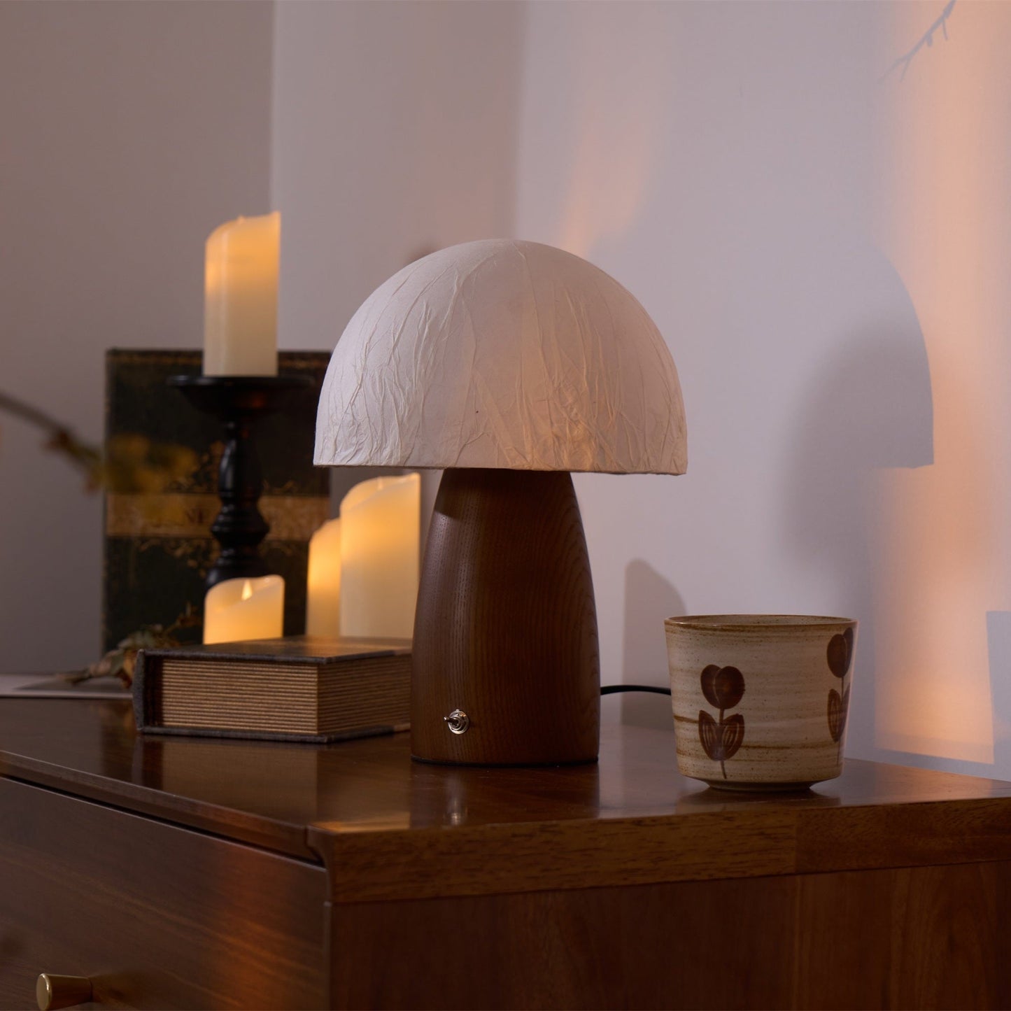 Myco Mushroom Table Lamp | Wooden Base | White Shade