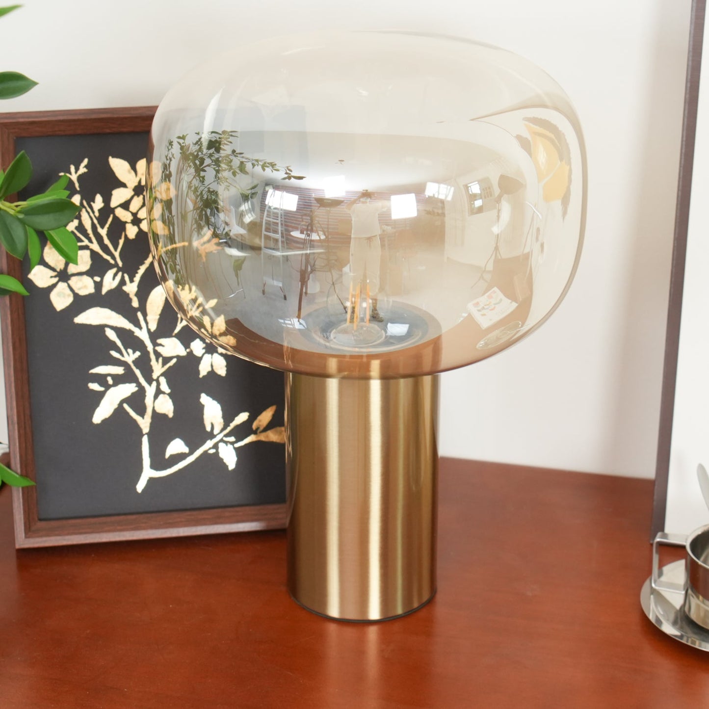 Noak Table Lamp | Smoked Glass & Gold Metal | Mushroom Design