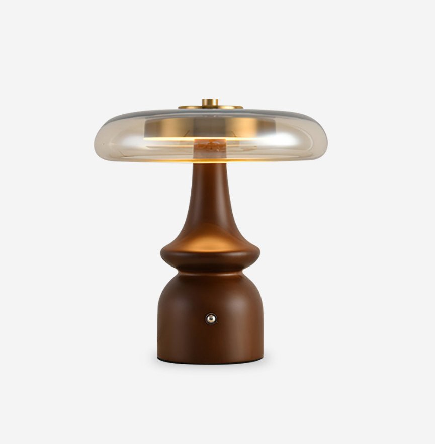 Table Lamp | Walnut Wood & Glass, Mushroom Design, LED | Amber Shade, Gold Finish