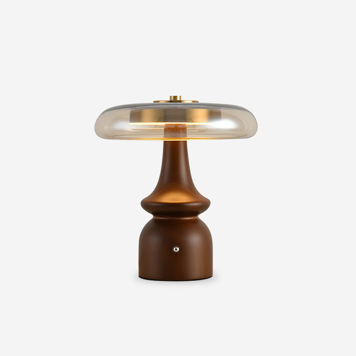 Table Lamp | Walnut Wood & Glass, Mushroom Design, LED | Amber Shade, Gold Finish