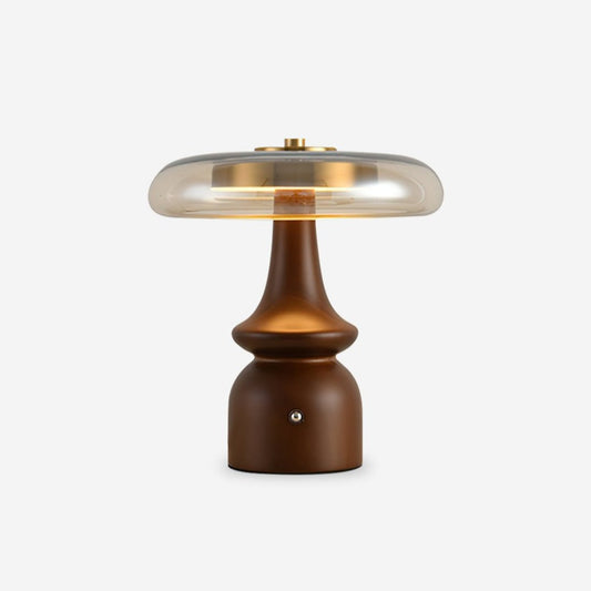Table Lamp | Walnut Wood & Glass, Mushroom Design, LED | Amber Shade, Gold Finish