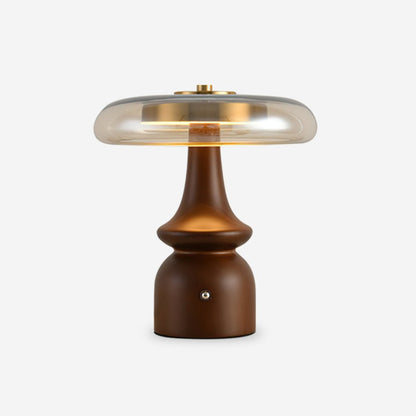 Table Lamp | Walnut Wood & Glass, Mushroom Design, LED | Amber Shade, Gold Finish