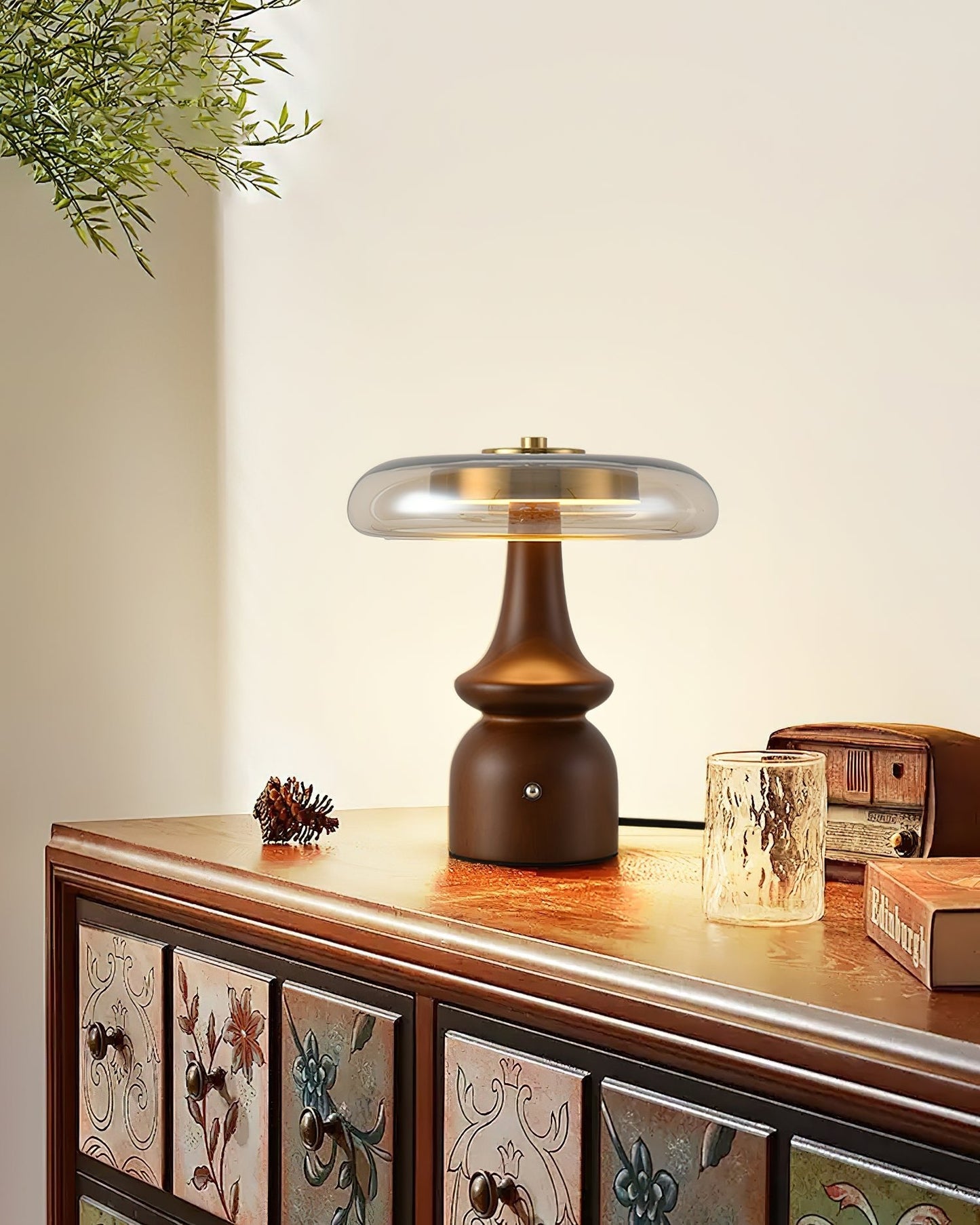 Table Lamp | Walnut Wood & Glass, Mushroom Design, LED | Amber Shade, Gold Finish