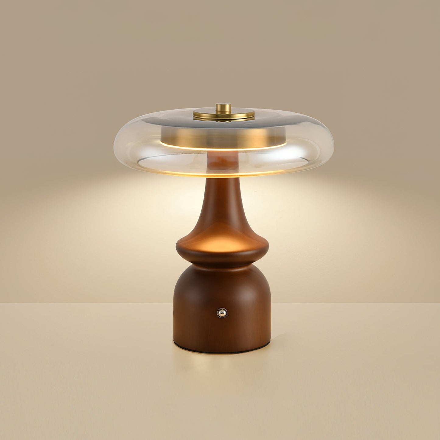 Table Lamp | Walnut Wood & Glass, Mushroom Design, LED | Amber Shade, Gold Finish