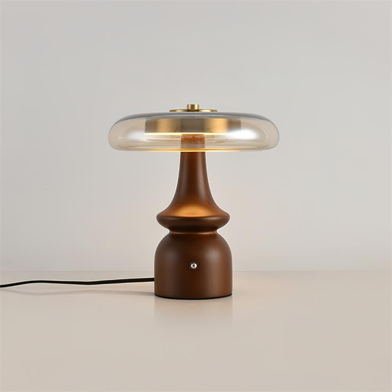 Table Lamp | Walnut Wood & Glass, Mushroom Design, LED | Amber Shade, Gold Finish
