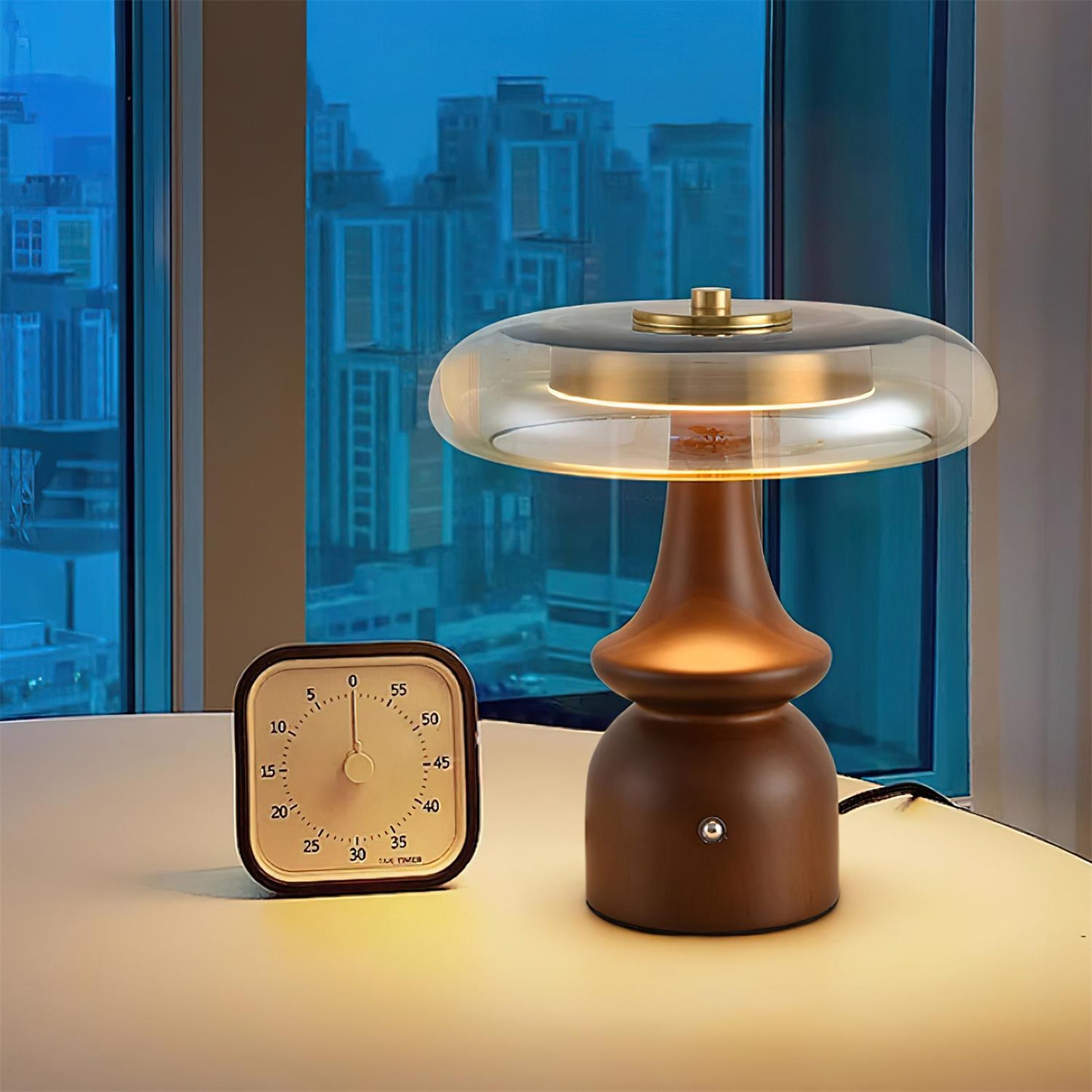 Table Lamp | Walnut Wood & Glass, Mushroom Design, LED | Amber Shade, Gold Finish