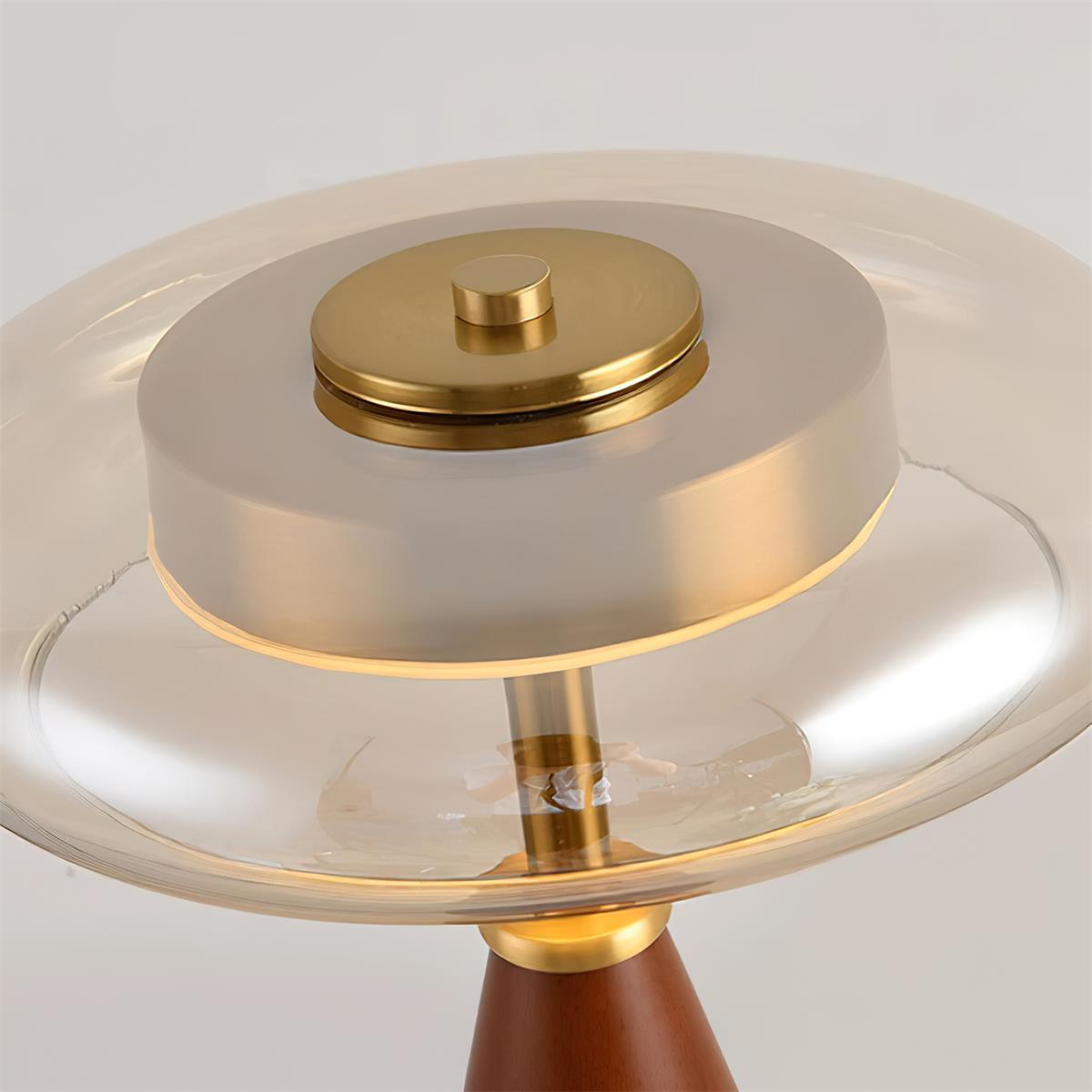 Table Lamp | Walnut Wood & Glass, Mushroom Design, LED | Amber Shade, Gold Finish
