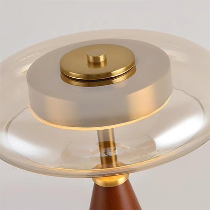 Table Lamp | Walnut Wood & Glass, Mushroom Design, LED | Amber Shade, Gold Finish
