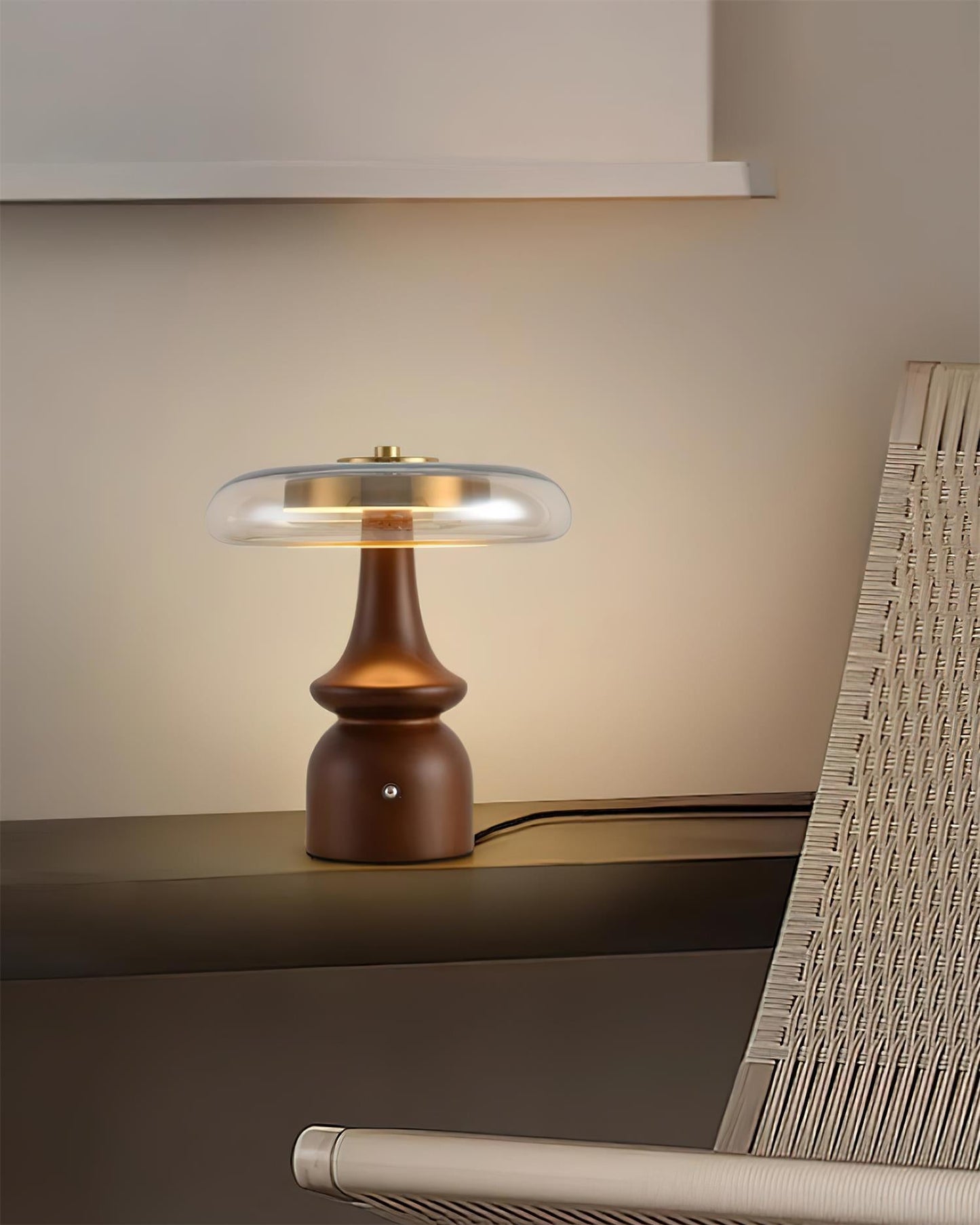 Table Lamp | Walnut Wood & Glass, Mushroom Design, LED | Amber Shade, Gold Finish
