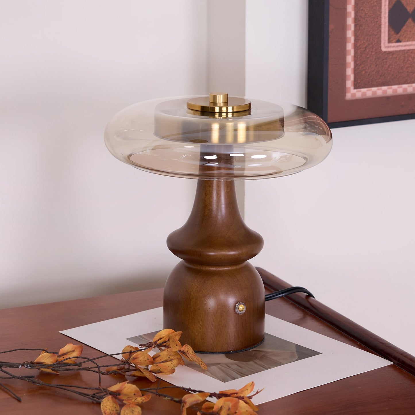 Table Lamp | Walnut Wood & Glass, Mushroom Design, LED | Amber Shade, Gold Finish