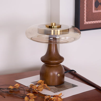 Table Lamp | Walnut Wood & Glass, Mushroom Design, LED | Amber Shade, Gold Finish