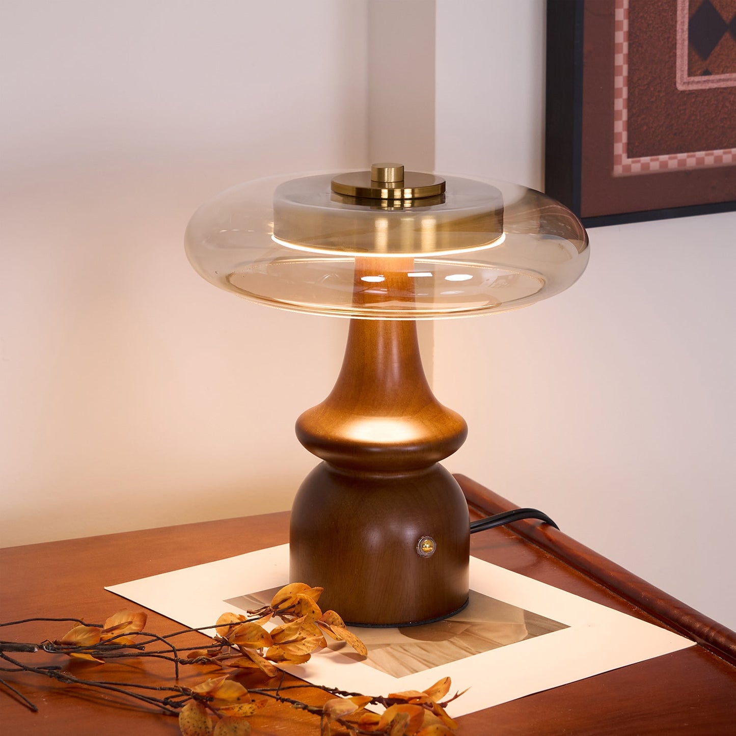 Table Lamp | Walnut Wood & Glass, Mushroom Design, LED | Amber Shade, Gold Finish