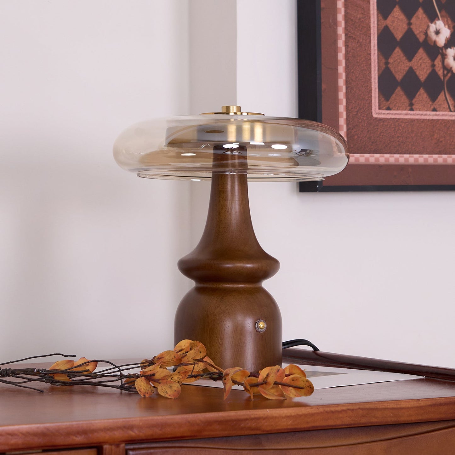 Table Lamp | Walnut Wood & Glass, Mushroom Design, LED | Amber Shade, Gold Finish