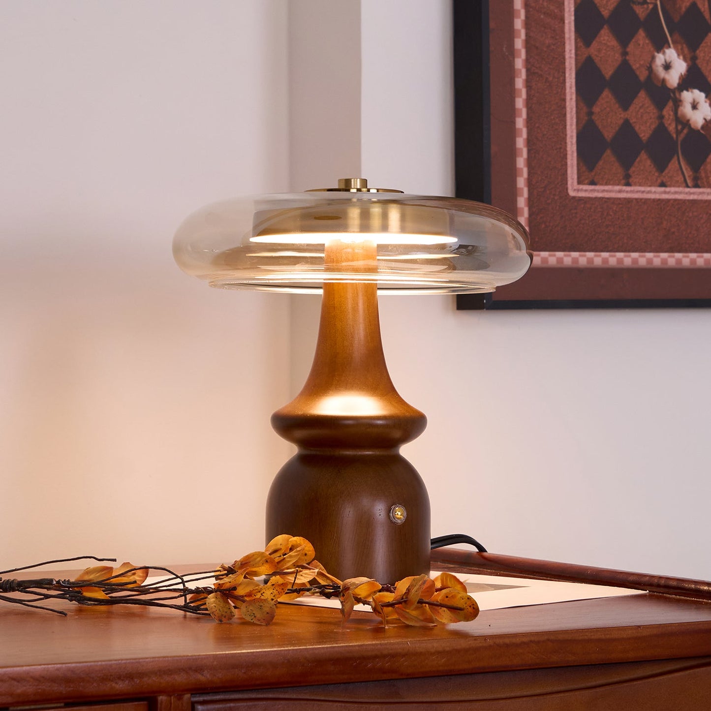 Table Lamp | Walnut Wood & Glass, Mushroom Design, LED | Amber Shade, Gold Finish