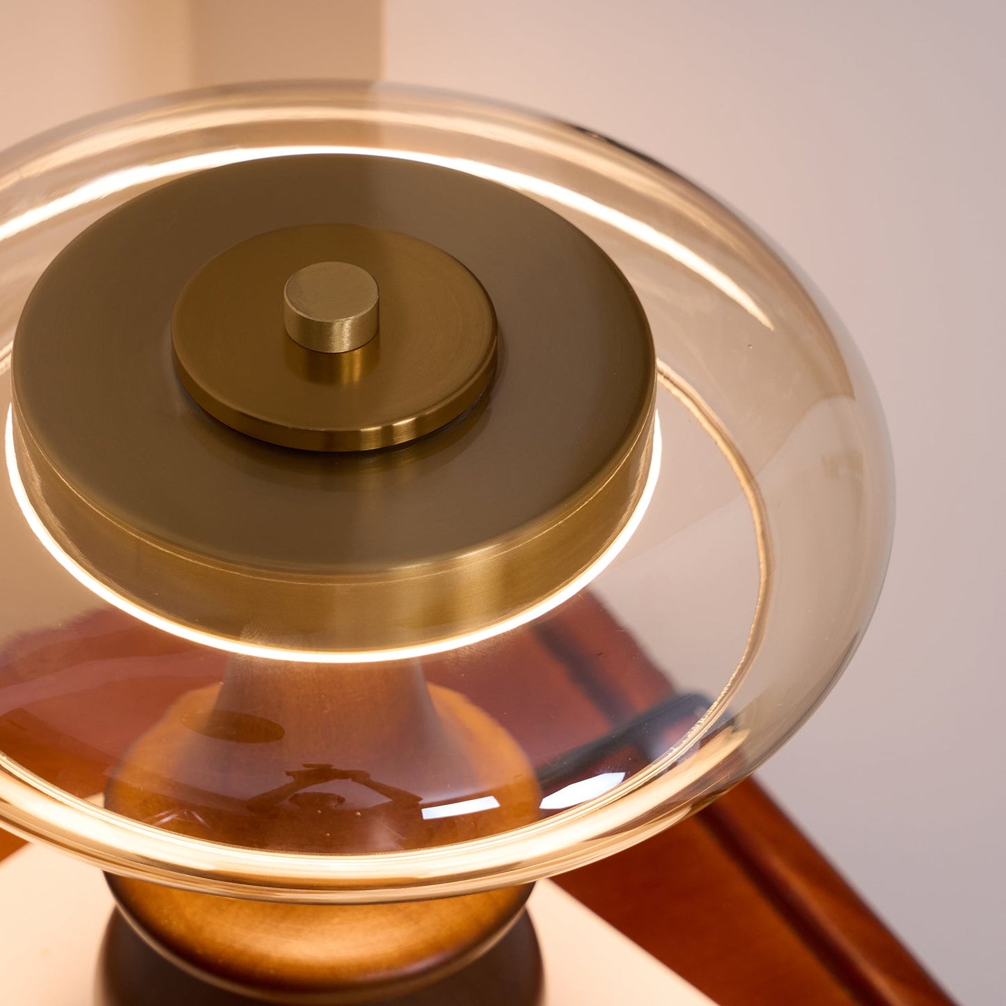 Table Lamp | Walnut Wood & Glass, Mushroom Design, LED | Amber Shade, Gold Finish
