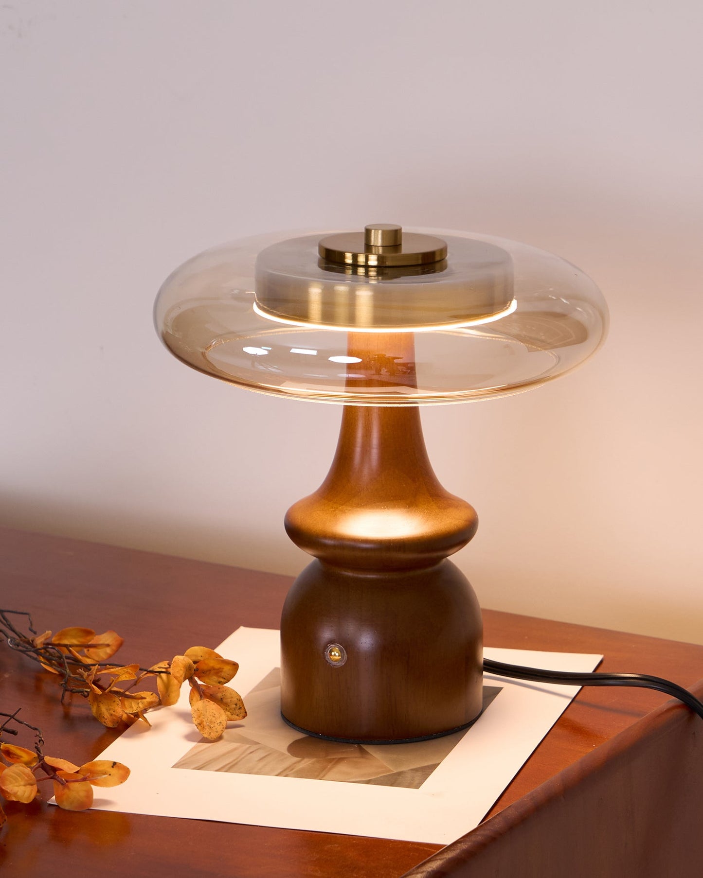 Table Lamp | Walnut Wood & Glass, Mushroom Design, LED | Amber Shade, Gold Finish