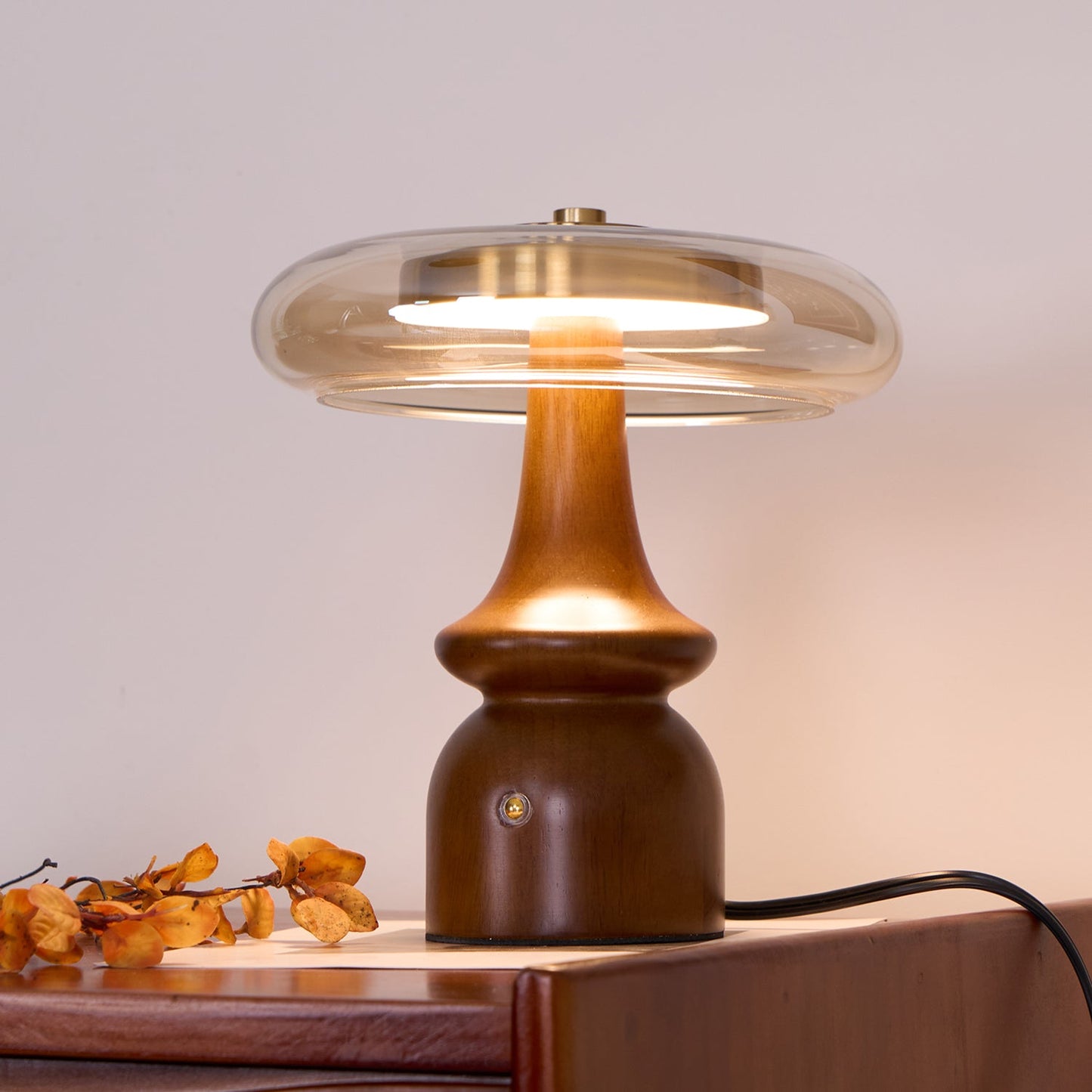 Table Lamp | Walnut Wood & Glass, Mushroom Design, LED | Amber Shade, Gold Finish