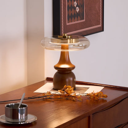 Table Lamp | Walnut Wood & Glass, Mushroom Design, LED | Amber Shade, Gold Finish