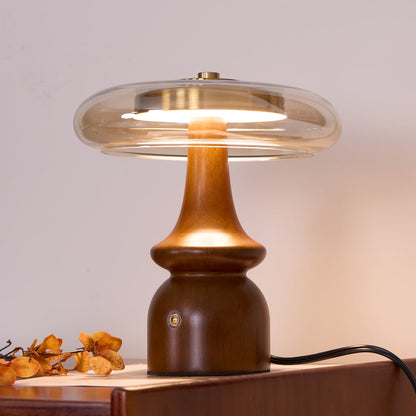 Table Lamp | Walnut Wood & Glass, Mushroom Design, LED | Amber Shade, Gold Finish