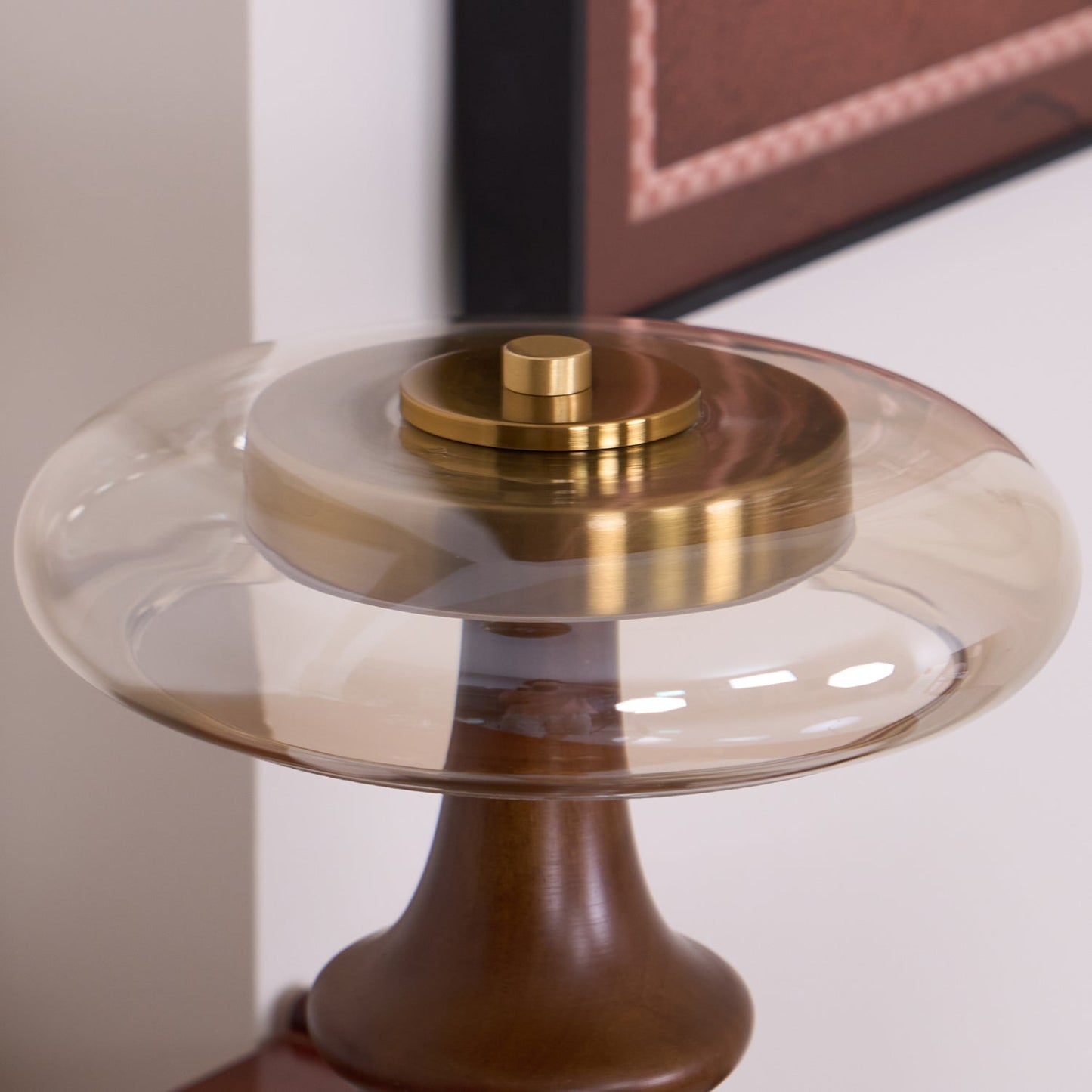 Table Lamp | Walnut Wood & Glass, Mushroom Design, LED | Amber Shade, Gold Finish