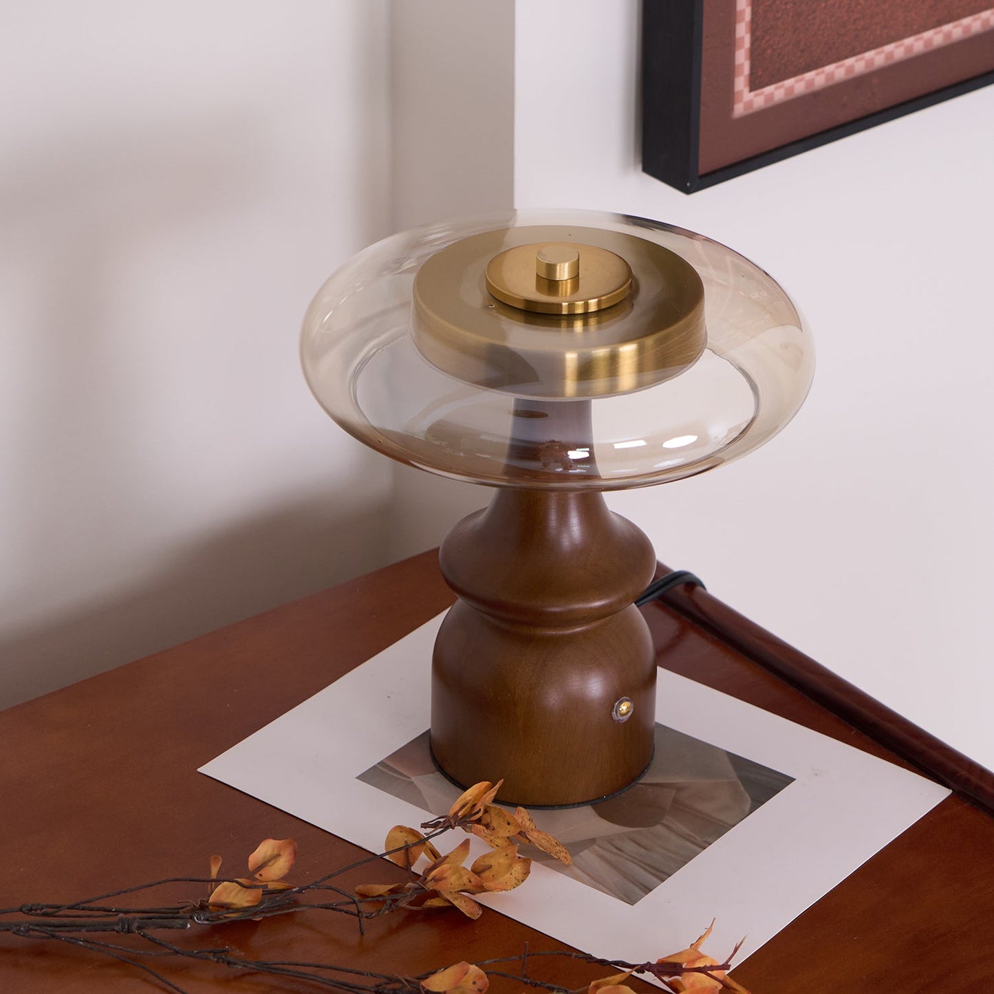 Table Lamp | Walnut Wood & Glass, Mushroom Design, LED | Amber Shade, Gold Finish