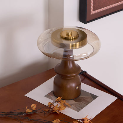Table Lamp | Walnut Wood & Glass, Mushroom Design, LED | Amber Shade, Gold Finish