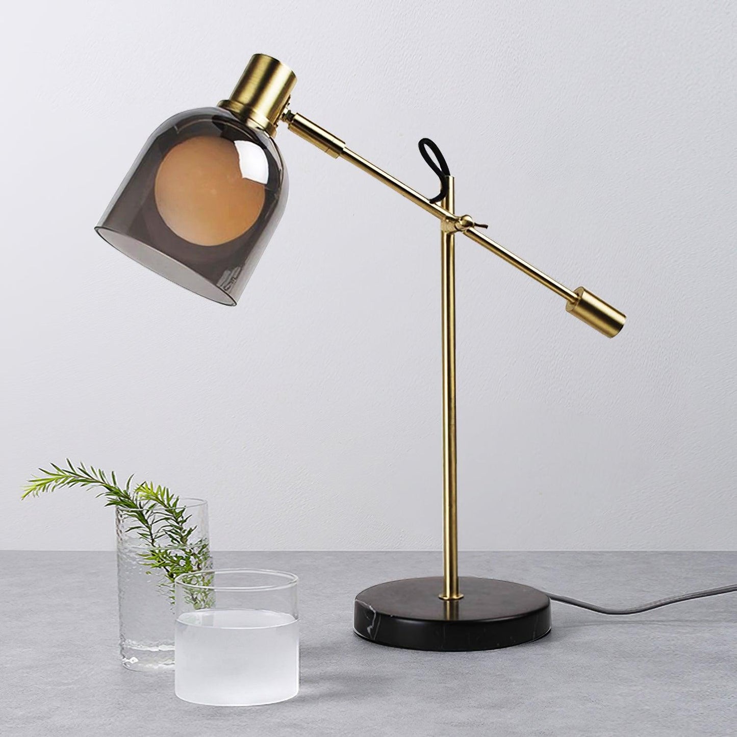Table Lamp | Metal & Black Marble | Adjustable Smoked Glass Shade
