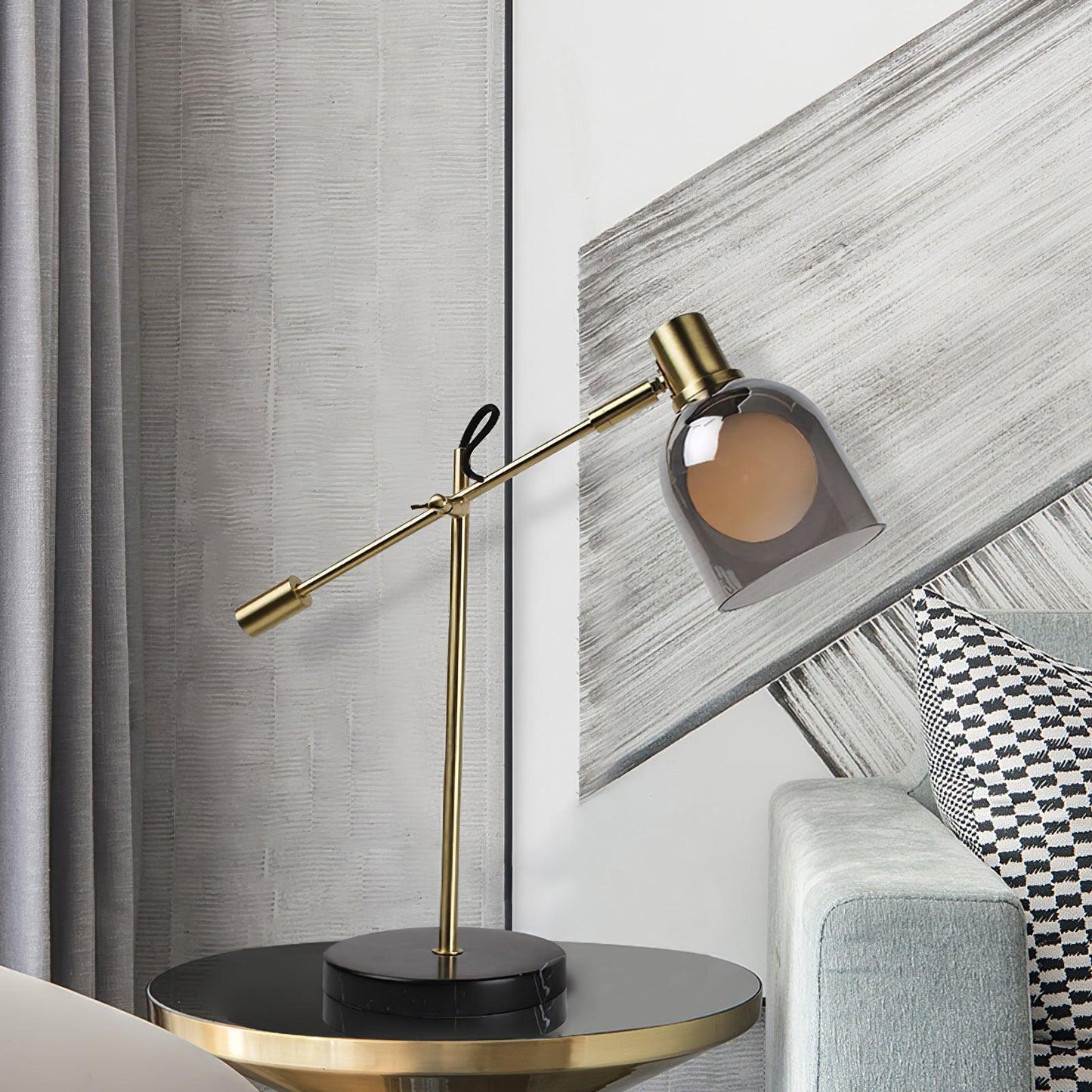 Table Lamp | Metal & Black Marble | Adjustable Smoked Glass Shade