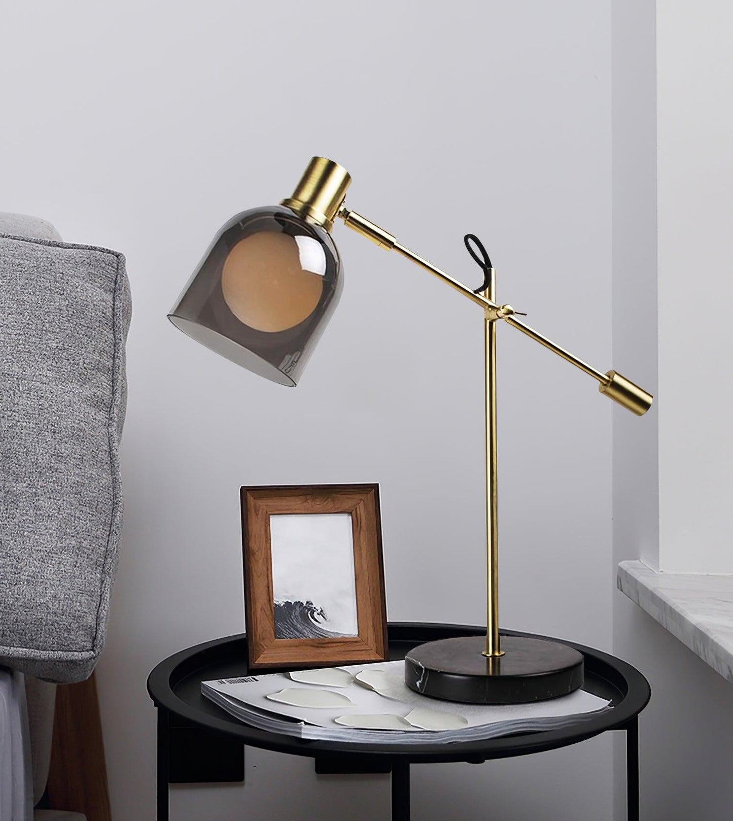 Table Lamp | Metal & Black Marble | Adjustable Smoked Glass Shade