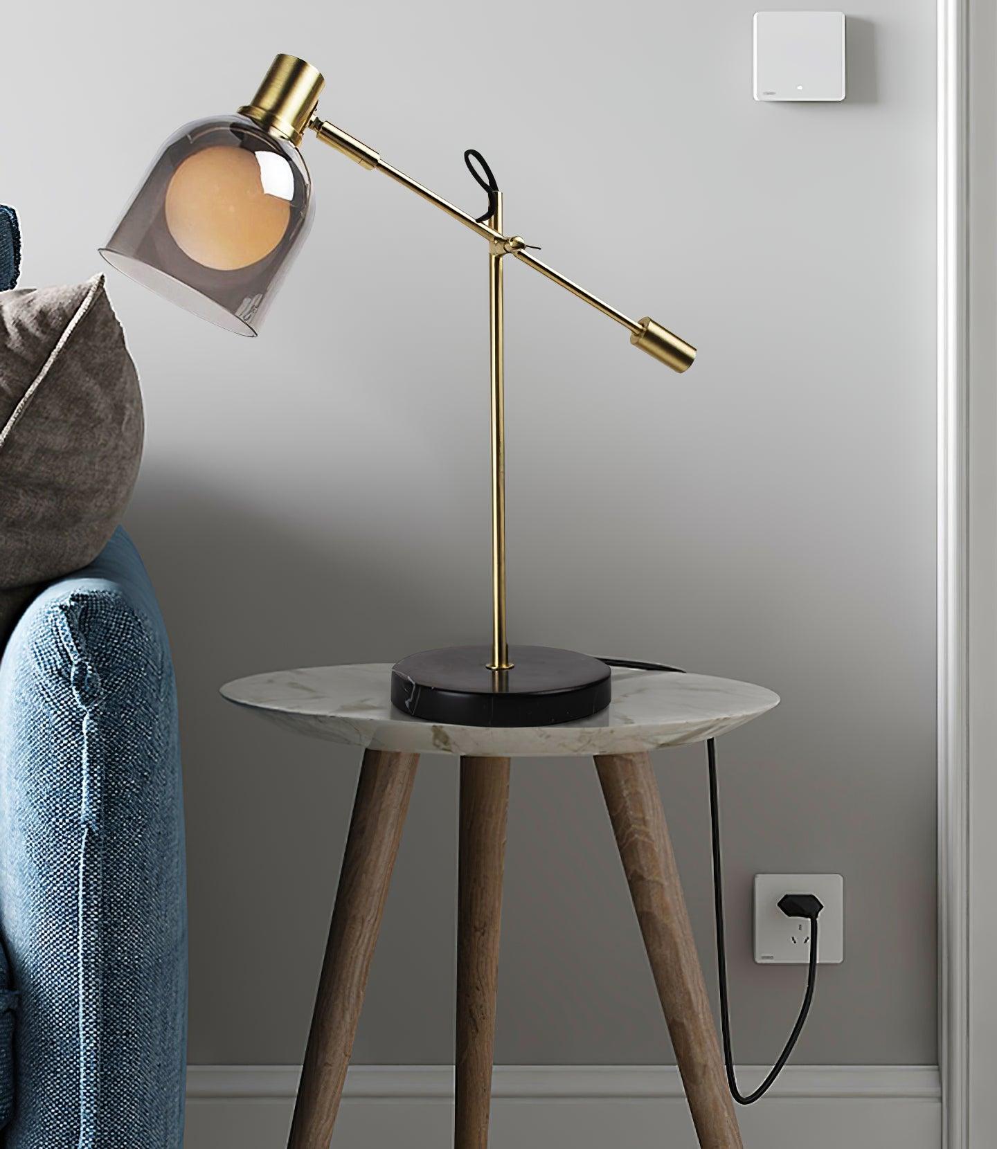 Table Lamp | Metal & Black Marble | Adjustable Smoked Glass Shade
