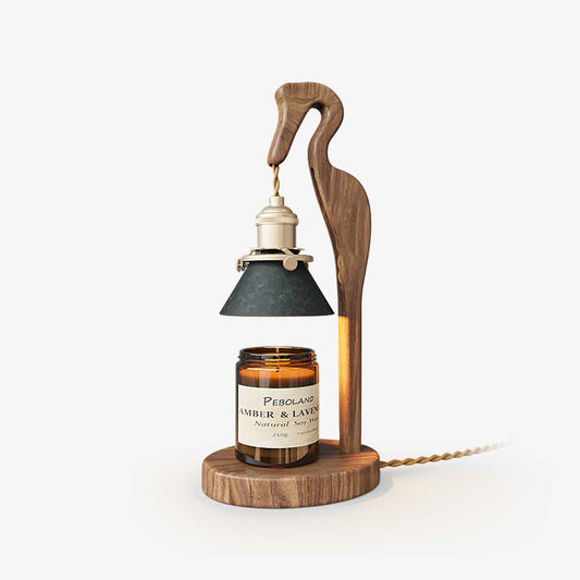 Heron Glow Candle Warmer Lamp | Wood & Brass | Green Shade
