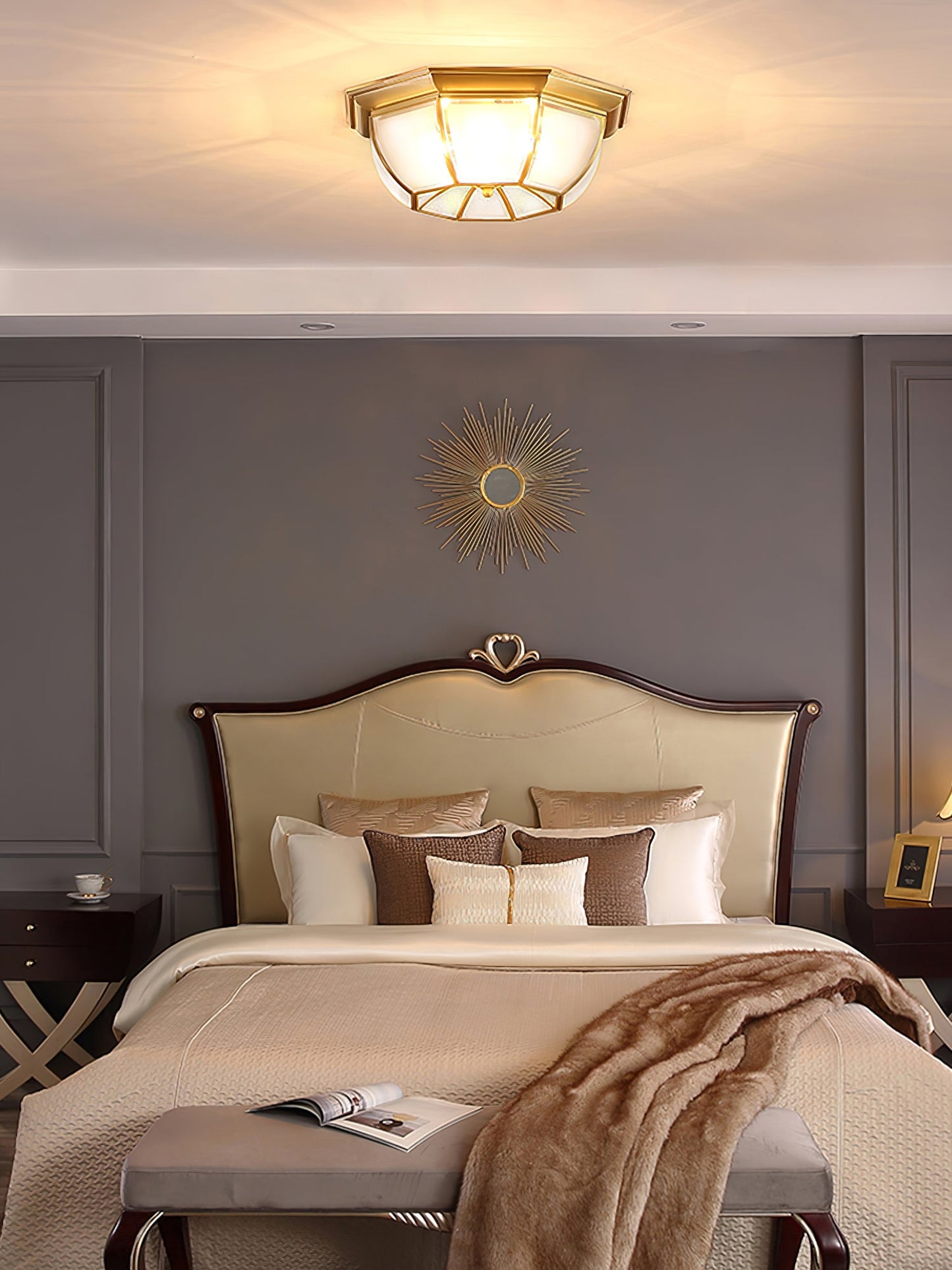 Bowl Shaped Brass Ceiling Lamp | Brass & Glass | White Shade