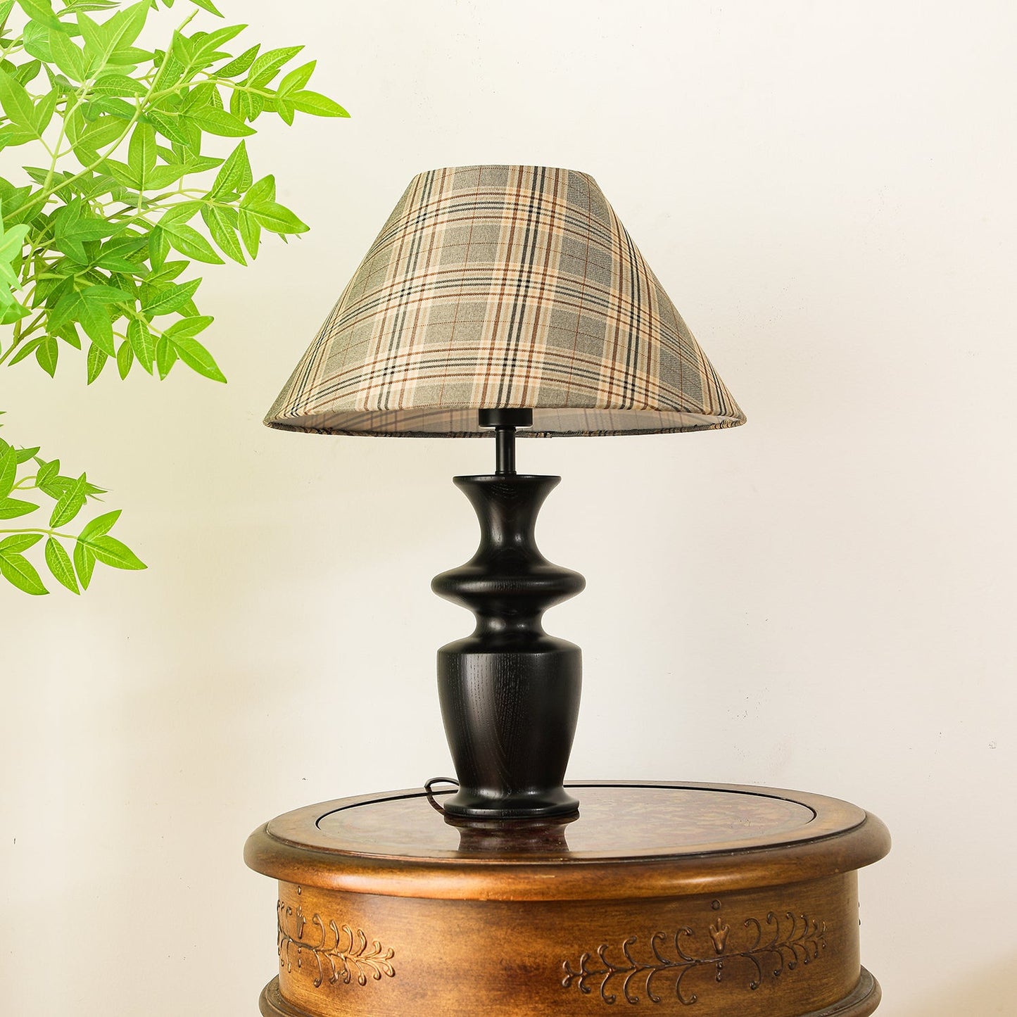 Oliver Table Lamp | Black Wooden Base | Plaid Fabric Shade