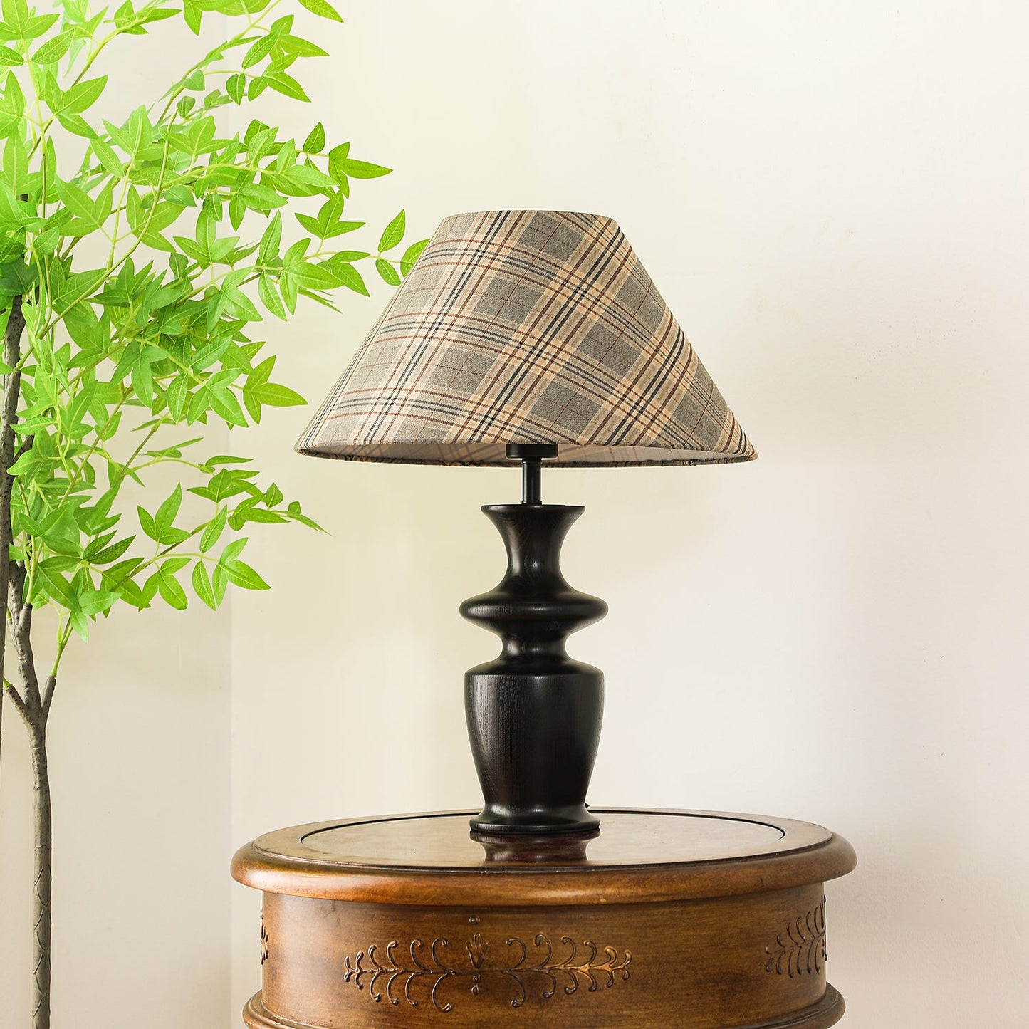 Oliver Table Lamp | Black Wooden Base | Plaid Fabric Shade